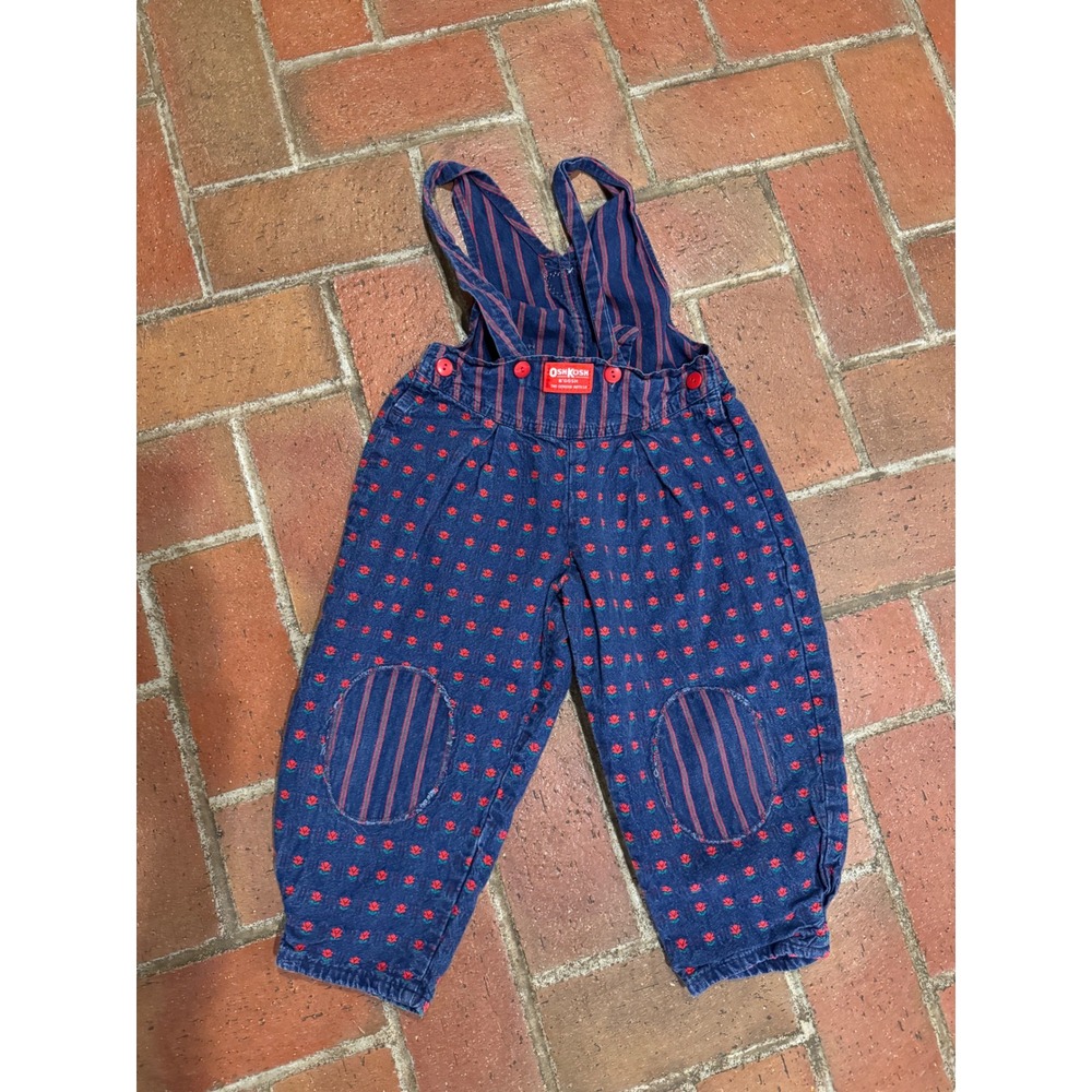 Vintage OshKosh Bgosh Girls Floral Striped Overalls Blue Red 4T Made in USA